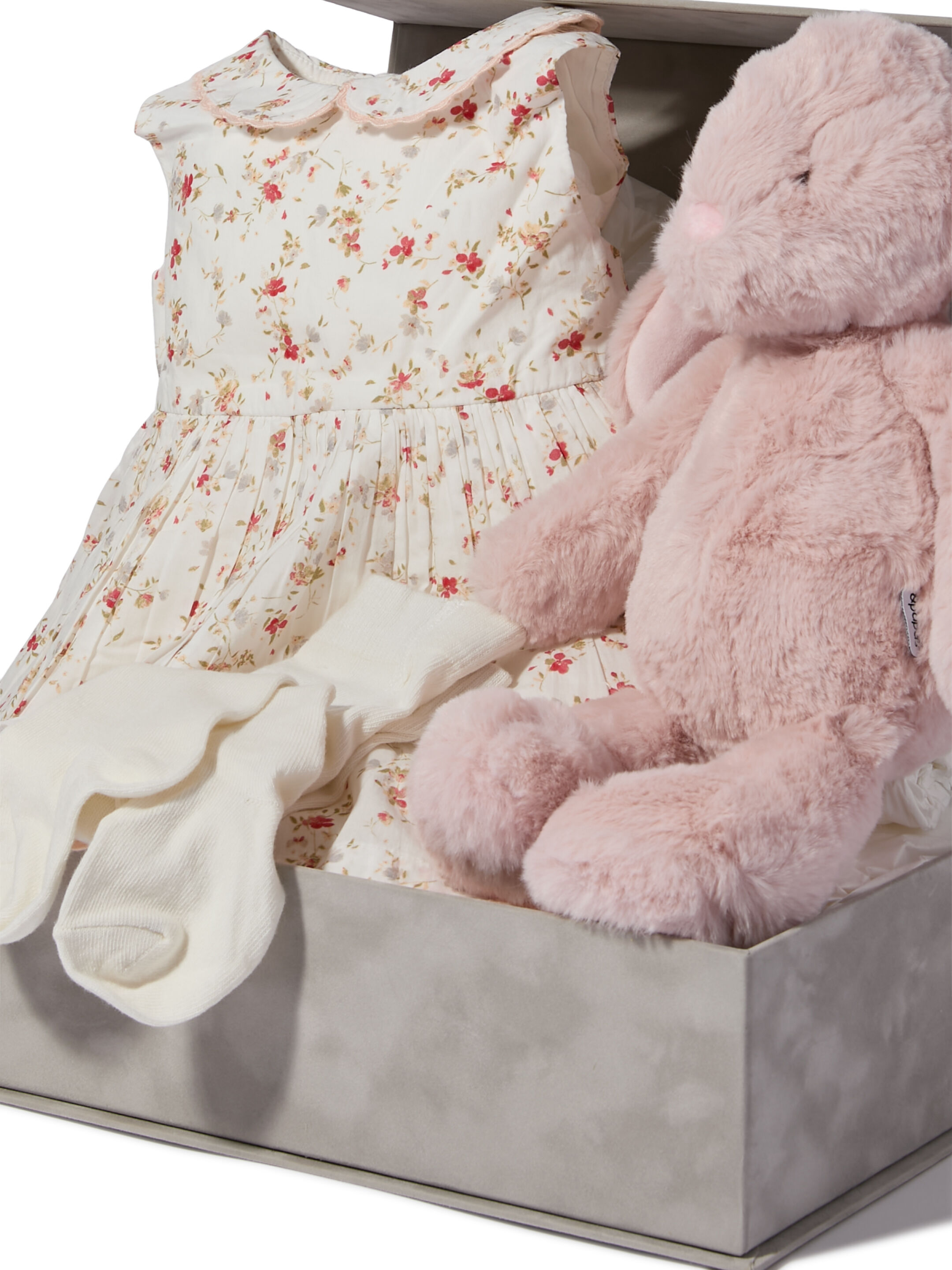 Floral Poplin Dress - 4 Piece Gift Set with Soft Toy Pink Bunny image number 2